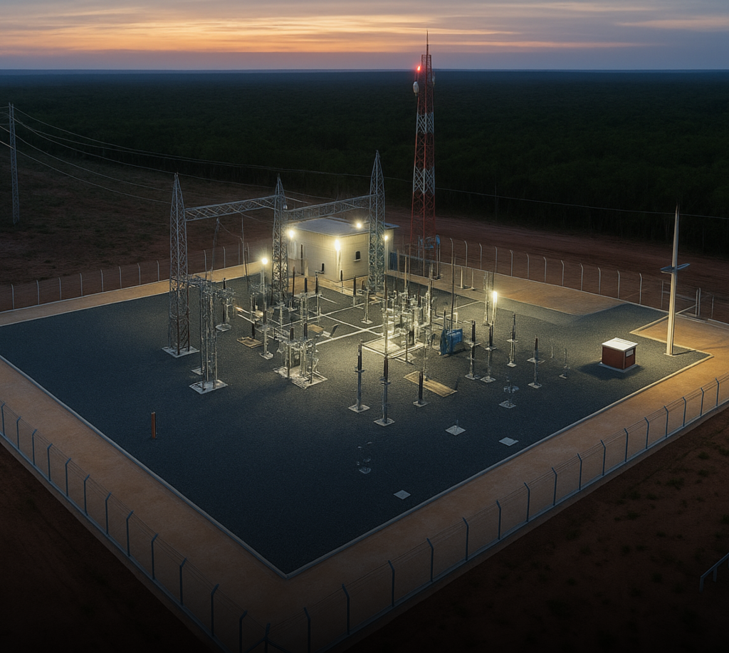 Vista aérea da Subestação de Seccionamento Várzea da Palma 7, localizada em Minas Gerais, ao entardecer. A estrutura cercada abriga equipamentos elétricos, torres metálicas e um edifício de controle iluminado, com uma torre de telecomunicação ao fundo.