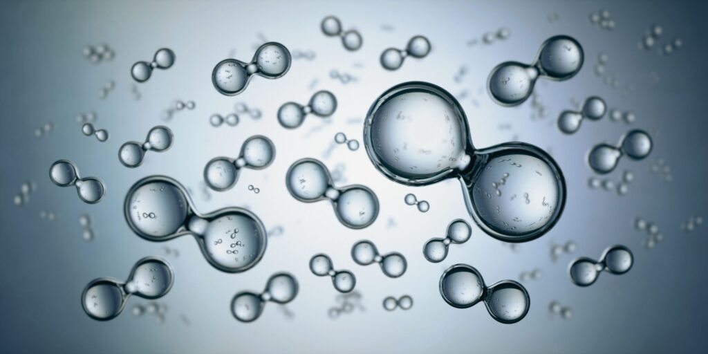 Representação gráfica de moléculas de hidrogênio (H₂) em fundo azul, simbolizando energia limpa e produção de hidrogênio verde.